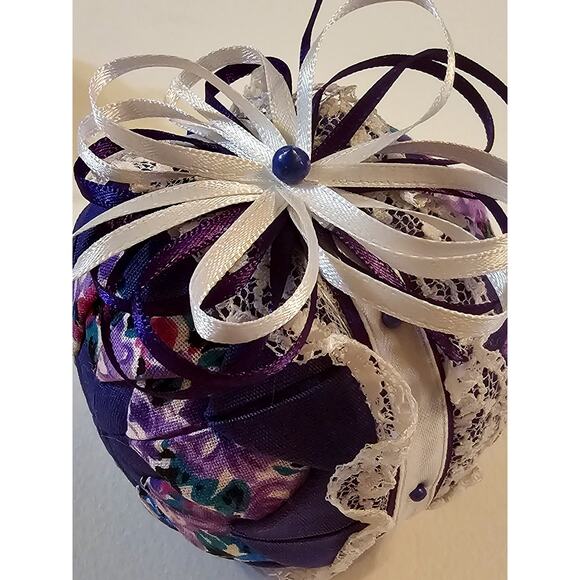 Two Quilted Christmas Ball Ornaments Handmade Purple Victorian Look - Picture 4 of 10